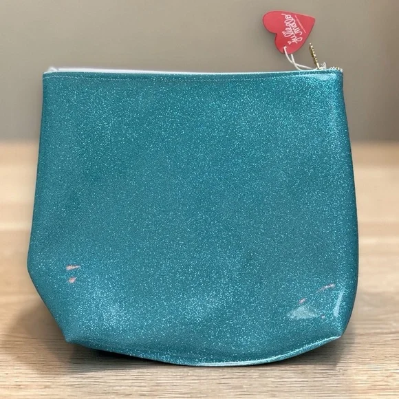 Julie Mollo Glitter Blue & Green Leaf Clutch Oversized Cosmetic Bag New - Picture 7 of 16